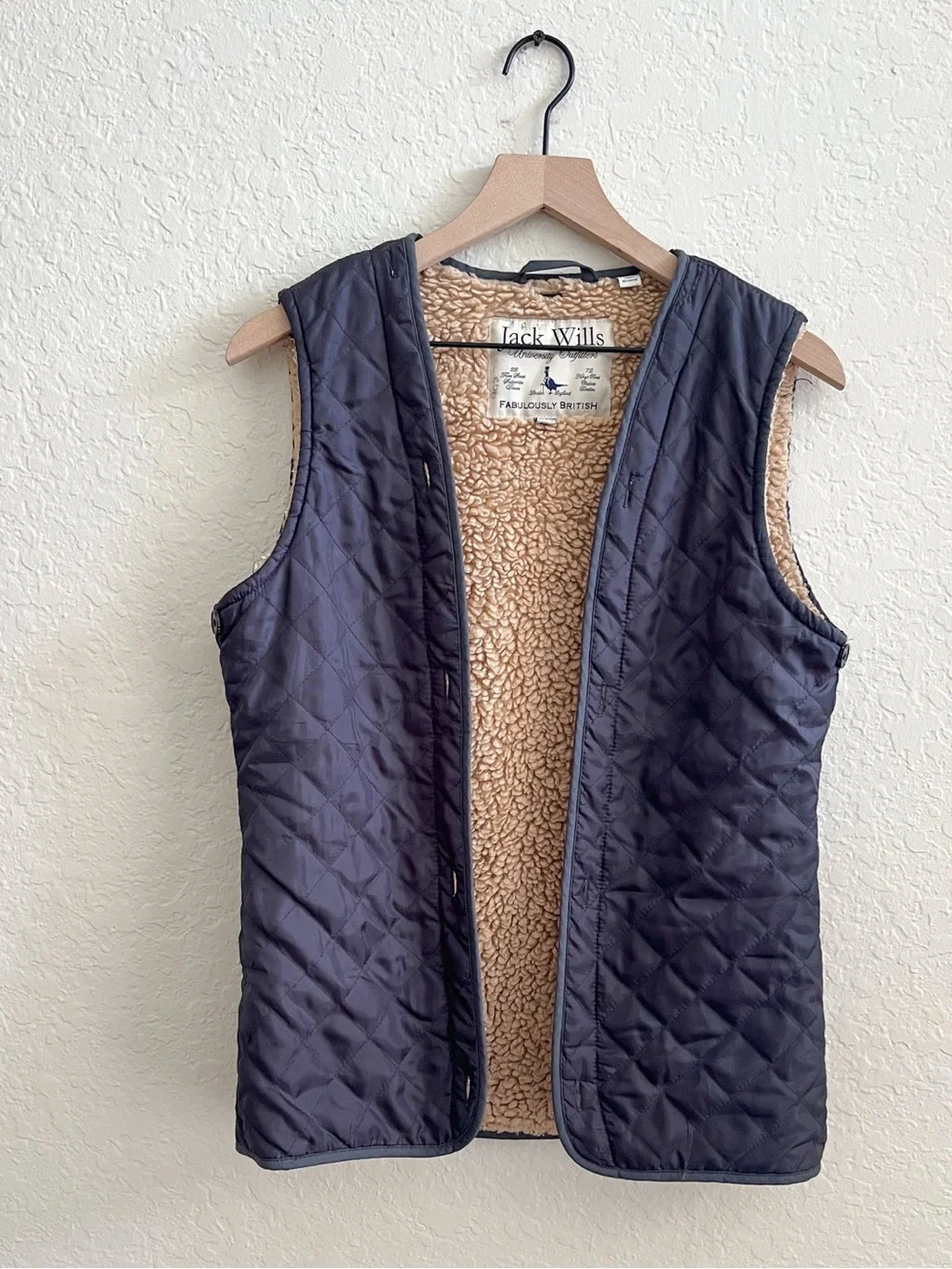 Vintage Jack Willis UK Quilted Layering Vest Sherpa Lined Navy Blue Women’s 8